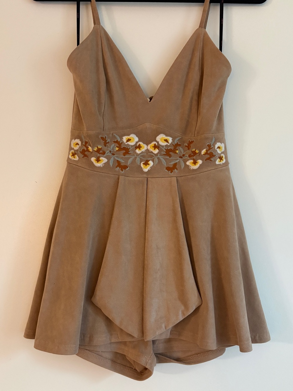 Embroidered Tan Suede V-Neck Mini Dress/ Romper